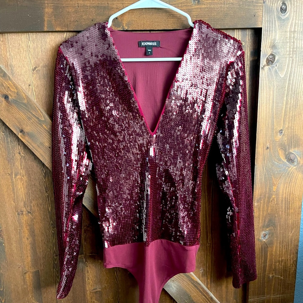 Express Sequin Deep V-Neck Bodysuit - Small
